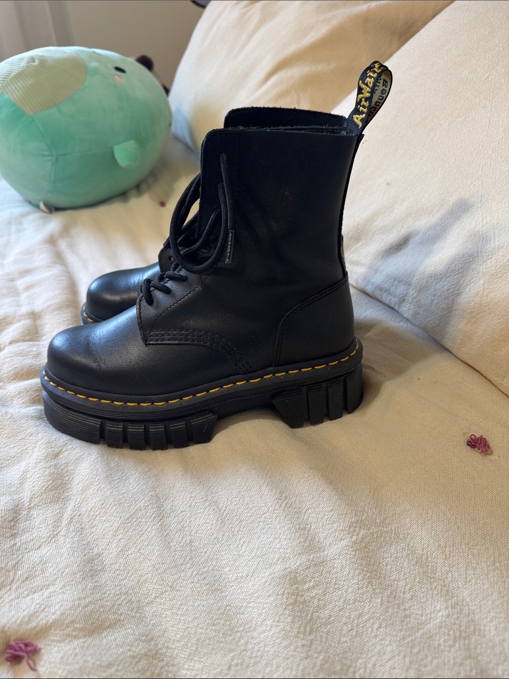 Dr. Martens Black Lace-Up Platform Boots with Yellow Stitching